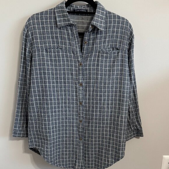 Brandy Melville Blue and Grey Plaid Button up Flannel - Picture 1 of 5
